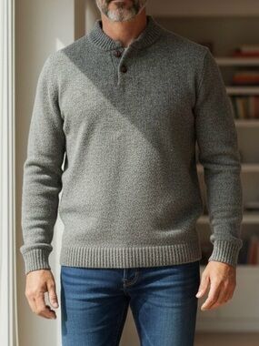 L.L. Bean Men's Gray Ribbed Button-Neck wool Crewneck Sweater